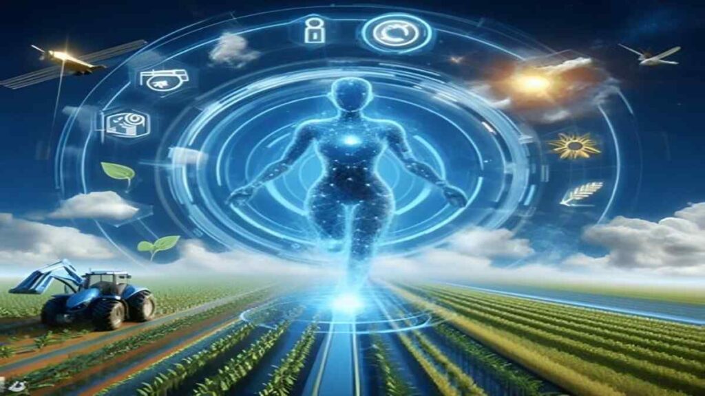 A futuristic AI data center surrounded by renewable energy sources like wind turbines and solar panels.