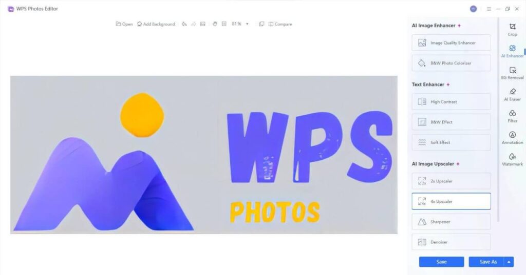 WPS Photos interface using AI to remove text from an image seamlessly
