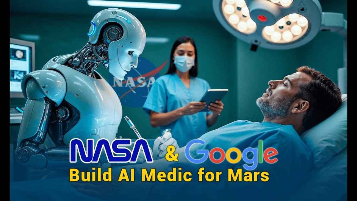 NASA astronaut using AI-powered medical assistant during a simulated deep space mission.
