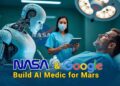NASA astronaut using AI-powered medical assistant during a simulated deep space mission.