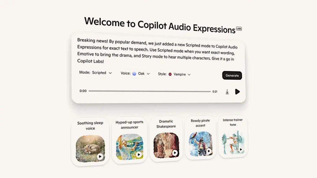 Microsoft has also added a new scripted mode to Copilot, using its own MAI-Voice-1 model