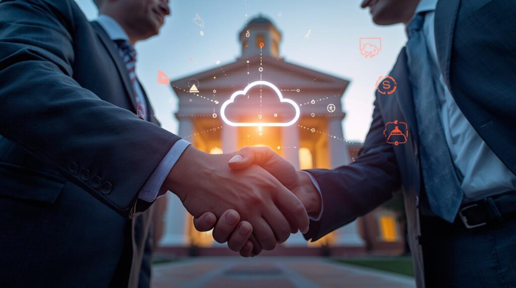 : Florida State University and Google representatives shaking hands with AI-themed graphics.