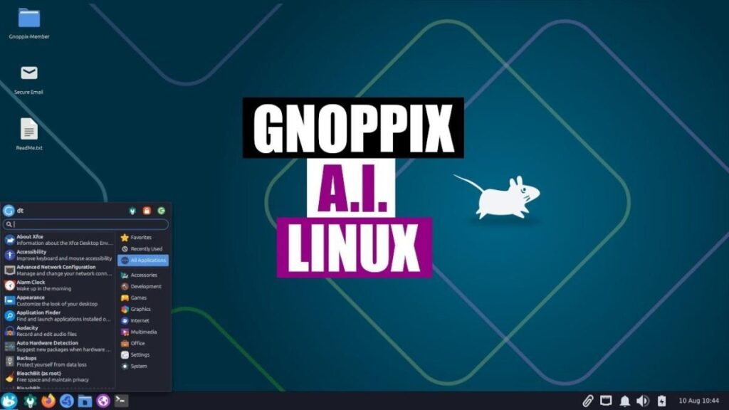 Gnoppix Linux desktop with Xfce interface and preinstalled applications.