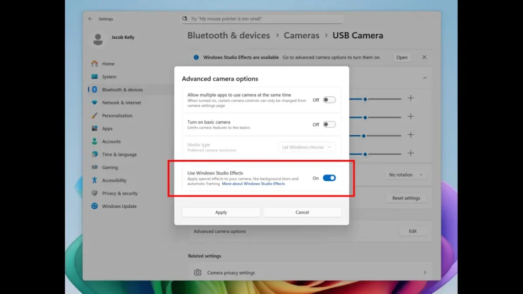 Windows 11 Settings interface with option to apply Studio Effects to an extra camera, marked in red.