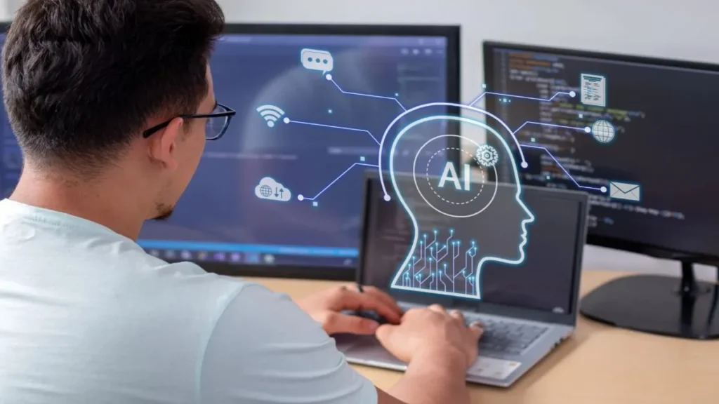 A business team using AI software to automate tasks instead of enhancing human collaboration.
