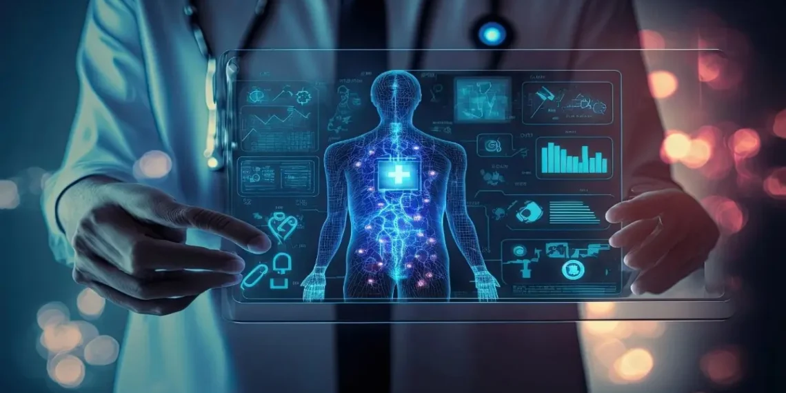 Home 50 % Home U.S. healthcare professionals using AI tools to improve patient care and hospital efficiency.