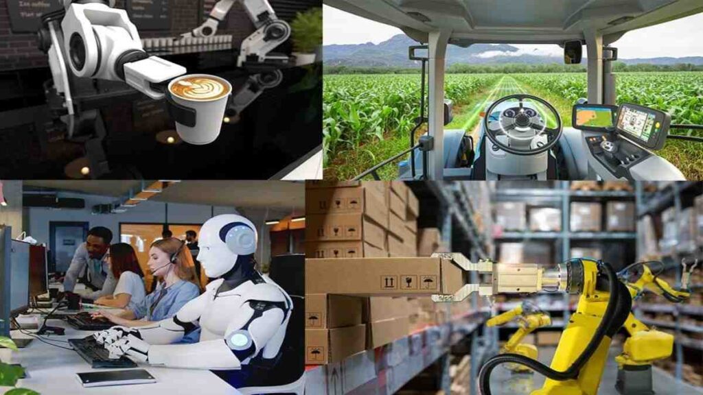 American workers adapting to automation technologies and robotics in the modern workplace.