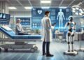 Doctors using AI-powered digital tools in a hospital smart room, showcasing healthcare innovation and patient-centered technology.