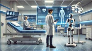 Doctors using AI-powered digital tools in a hospital smart room, showcasing healthcare innovation and patient-centered technology.