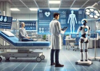 Doctors using AI-powered digital tools in a hospital smart room, showcasing healthcare innovation and patient-centered technology.