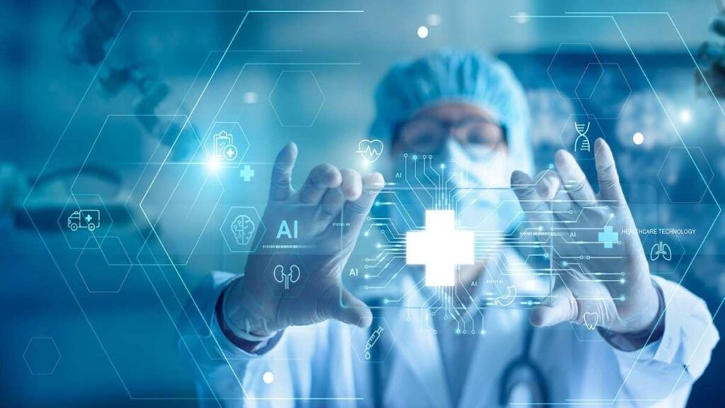 Doctors and researchers in a U.S. hospital using AI technology to support healthcare innovation.