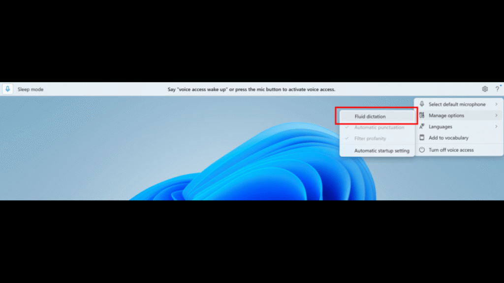 Windows 11 voice access settings flyout showing the toggle to turn fluid dictation on or off, highlighted with a red box.